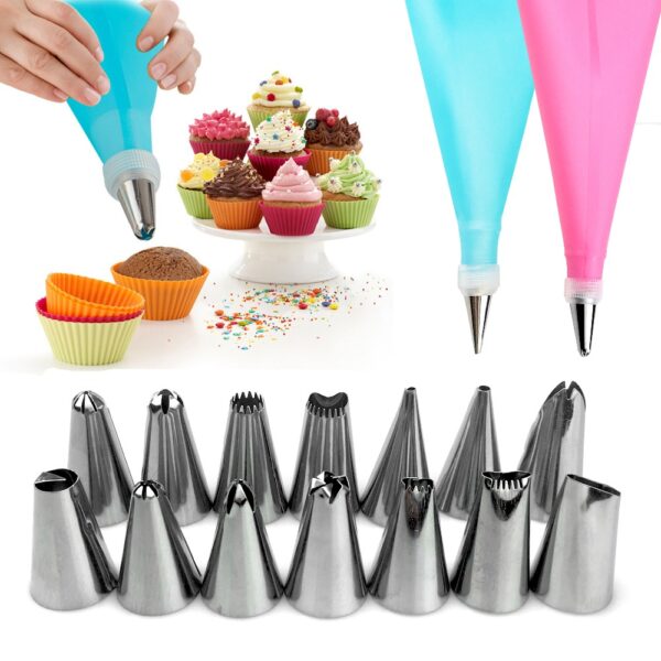 12 Piece Cake Decorating Set Frosting Icing Piping Bag Tips with Steel Nozzles