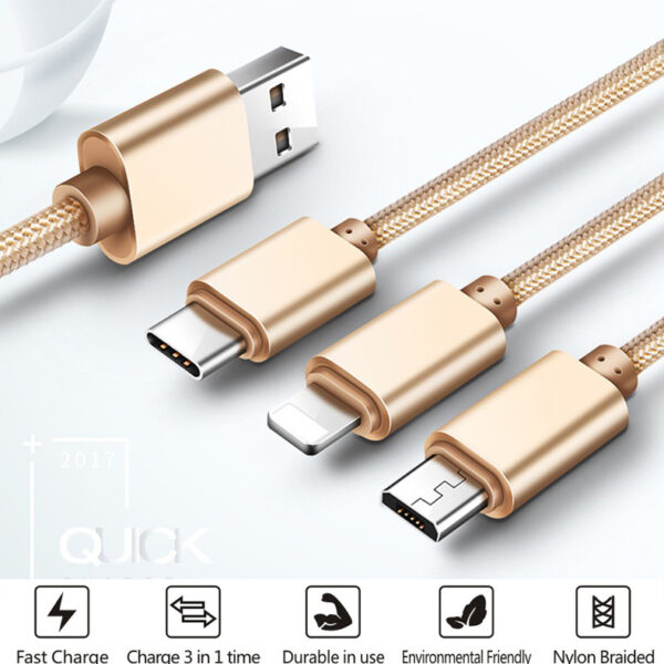 3 In 1 USB Cable 2.1A Fast Charging Data Cable For USB Type-C Mircro iphone