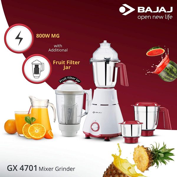 Bajaj GX 4701 800 Watts Mixer Grinder with 4 Jars